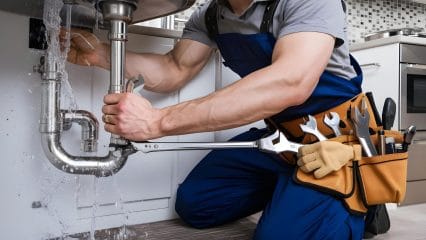 Plumber repairing sink pipes in Woodstock, Georgia home